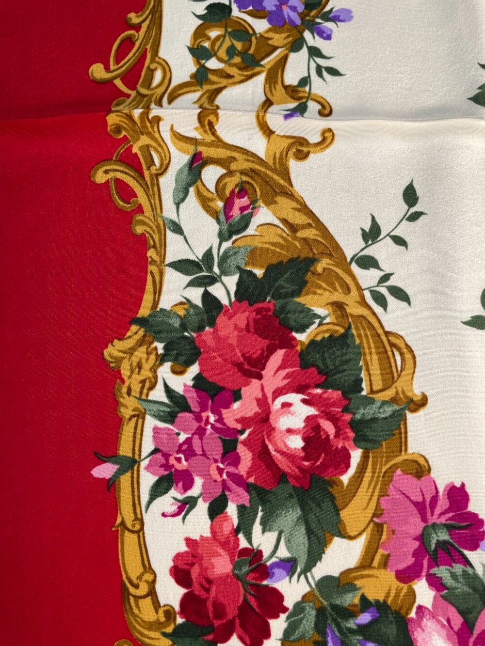 Yves Saint Laurent Silk Scarf Red Floral Baroque Frame Square Vintage YSL - Picture 10 of 15
